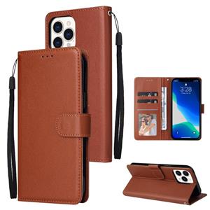 huismerk Multifunctionele horizontale flip lederen geval met drie kaartsleuf & houder dubbele rits portemonnee & fotolijst & lanyard voor iPhone 13 mini (bru