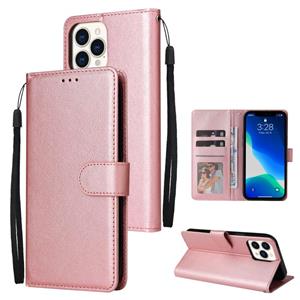 huismerk Multifunctionele horizontale flip lederen tas met drie kaartsleuf & houder & fotolijst & lanyard voor iphone 13 mini (rose goud)