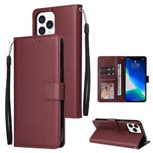 huismerk Multifunctionele horizontale flip lederen geval met drie kaart slot & houder dubbele rits wallett & fotolijst & lanyard voor iPhone 13 mini (rode wi