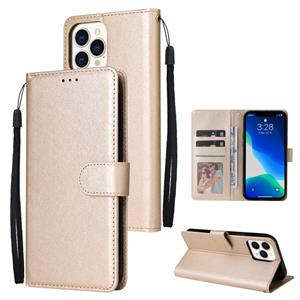 huismerk Multifunctionele horizontale flip lederen tas met drie kaart slot & houder & fotolijst & lanyard voor iphone 13 mini (tiran goud)