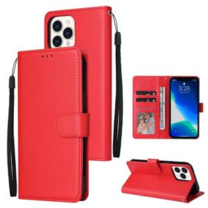 huismerk Multifunctionele horizontale flip lederen geval met drie kaartsleuf & houder dubbele rits portemonnee & fotolijst & lanyard voor iPhone 13 mini (roo