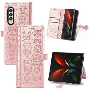 huismerk Voor Samsung Galaxy Z Fold3 5G mooie kat en hond embossing patroon horizontale flip lederen tas met houder & kaart slots & portemonnee (rose goud)