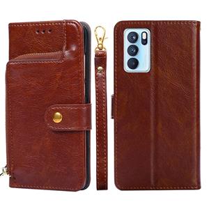 huismerk Voor Oppo Reno6 Pro 5G Zipper Bag PU + TPU Horizontale Flip Lederen Case met Houder & Card Slot & Portemonnee & Lanyard (Brown)