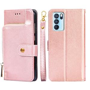 huismerk Voor Oppo Reno6 Pro 5G Zipper Bag PU + TPU Horizontale Flip Lederen Case met Houder & Card Slot & Portemonnee & Lanyard (Rose Gold)