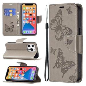 huismerk Embossing Two Butterflies Pattern Horizontal Flip PU Lederen Case met Houder & Card Slot & Portemonnee & Lanyard voor iPhone 13 Mini