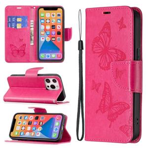 huismerk Embossing Two Butterflies Pattern Horizontale Flip PU Lederen Case met Houder & Card Slot & Portemonnee & Lanyard voor iPhone 13 Mini (Rose Red)