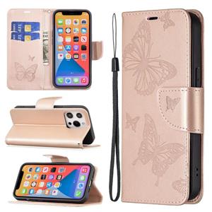 huismerk Embossing Two Butterflies Pattern Horizontale Flip PU Lederen Case met Houder & Card Slot & Portemonnee & Lanyard voor iPhone 13 Mini (Rose Gold)