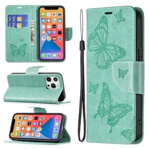 huismerk Embossing Two Butterflies Pattern Horizontale Flip PU Lederen Case met Houder & Card Slot & Wallet & Lanyard voor iPhone 13 Mini