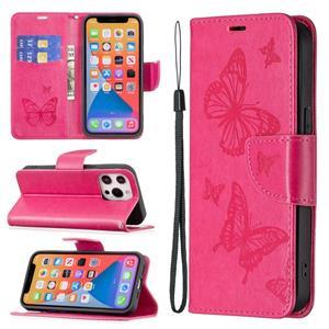 huismerk Embossing Two Butterflies Pattern Horizontal Flip PU Lederen Case met Houder & Card Slot & Portemonnee & Lanyard voor iPhone 13 (Rose Red)