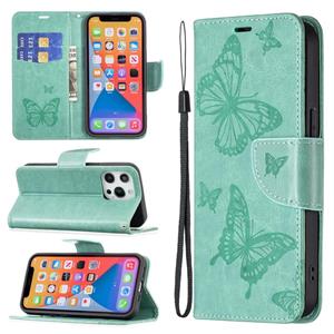 huismerk Embossing Two Butterflies Pattern Horizontal Flip PU Lederen Case met Houder & Card Slot & Portemonnee & Lanyard voor iPhone 13