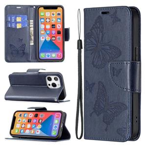 huismerk Embossing twee vlinders patroon horizontale flip pu lederen tas met houder & kaart slot & portemonnee & lanyard voor iphone 13 pro