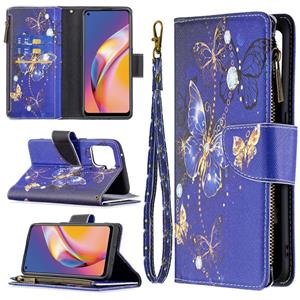 huismerk Voor OPPO A94 / RENO5 F / F19 Pro Gekleurde Tekening Patroon Rits Horizontale Flip Leren Case met Houder & Card Slots & Portemonnee (Purple Butterfly)