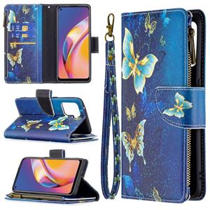 huismerk Voor Oppo A94 / RENO5 F / F19 PRO Gekleurde tekening patroon rits horizontale flip lederen tas met houder & kaart slots & portefeuille (gouden vlinder