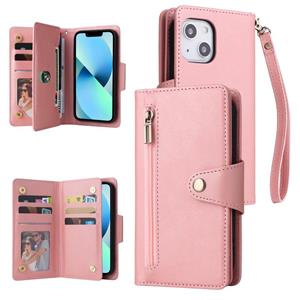 huismerk Klinknagel gesp 9 kaarten Drie vouw leren telefooncase voor iPhone 13 Mini (Rose Gold)