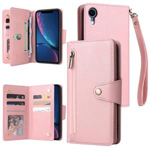 huismerk Klinknagel gesp 9 kaarten Drie vouw leren telefooncase voor iPhone XR (Rose Gold)