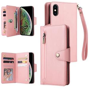 huismerk Klinknagel gesp 9 kaarten Drie vouw leren telefooncase voor iPhone XS MAX (ROSE GOUD)