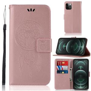 huismerk Wind Chime Owl Embossing Pattern Horizontale Flip Lederen Case met Houder & Card Slots & Portemonnee voor iPhone 13 Pro (Rose Gold)