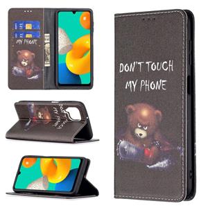 huismerk Voor Samsung Galaxy M32 Gekleurde Tekening Patroon Onzichtbare Magnetische Horizontale Flip PU Lederen Case met Houder & Card Slots & Wallet (Bear)