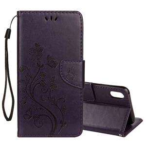 huismerk Reliëf Butterfly patroon horizontale Flip lederen draagtas met kaartsleuf & houder & portemonnee & Lanyard voor iPhone XS Max (donker paars)