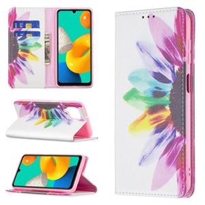 huismerk Voor Samsung Galaxy M32 Gekleurde Tekening Patroon Onzichtbare Magnetische Horizontale Flip PU Lederen Case met Houder & Card Slots & Portemonnee (Sun