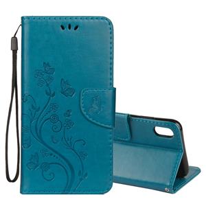 huismerk Reliëf Butterfly patroon horizontale Flip lederen draagtas met kaartsleuf & houder & portemonnee & Lanyard voor iPhone XS Max (blauw)