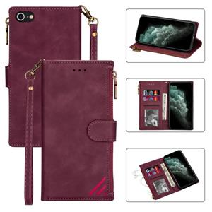 huismerk Zipper Multi-card Slots Horizontale Flip PU Lederen Case met Holder & Card Slots & Wallet & Lanyard & Photo Frame voor iPhone SE (2020) / 8 / 7(Wine R