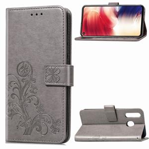 huismerk Lucky klaver geperst bloemen patroon lederen case voor Galaxy A8s met houder & card slots & portemonnee & hand strap (grijs)