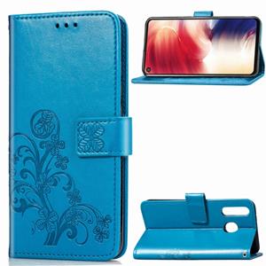 huismerk Lucky Clover ingedrukt bloemen patroon lederen draagtas voor Galaxy A8s met houder & kaartsleuven & portemonnee & hand strap (blauw)