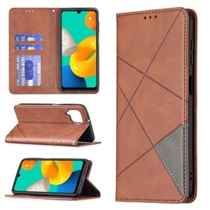 huismerk Voor Samsung Galaxy M32 Rhombus Texture Horizontale Flip Magnetische Lederen Case met Houder & Card Slots (Brown)