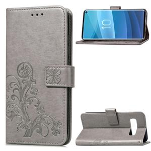 huismerk Lucky Clover ingedrukt bloemen patroon lederen draagtas voor Galaxy S10e met houder & kaartsleuven & portemonnee & hand strap (grijs)