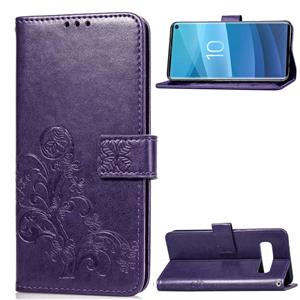 huismerk Lucky Clover ingedrukt bloemen patroon lederen case voor Galaxy S10e met houder & kaartsleuven & portemonnee & hand strap (paars)