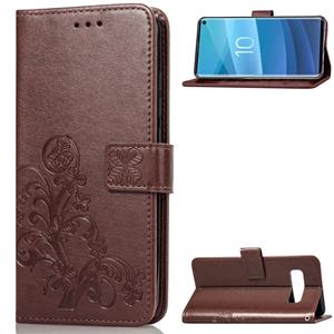 huismerk Lucky Clover ingedrukt bloemen patroon lederen case voor Galaxy S10e met houder & kaartsleuven & portemonnee & hand strap (bruin)