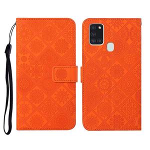 huismerk Voor Samsung Galaxy A21s etnische stijl reliëf patroon horizontale flip lederen hoesje met houder & kaart slots & portemonnee & lanyard (oranje)