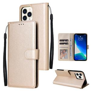 huismerk Multifunctional Horizontal Flip Leather Case with Three Card Slot & Holder & Double Zip Wallett & Photo Frame & Lanyard For iPhone 13 Pro(Tyrant Gold