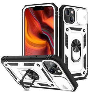 huismerk Schuifcamera Cover Design TPU + PC-beschermhoes met 360 graden roterende houder & kaartsleuf voor iPhone 13 Mini (wit + zwart)