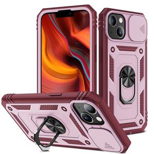 huismerk Schuifcamera Cover Design TPU + PC beschermhoes met 360 graden roterende houder & kaartsleuf voor iPhone 13 Mini (roze + donkerrood)