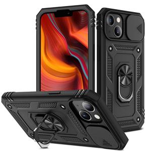 huismerk Sliding Camera Cover Design TPU + PC beschermhoes met 360 graden roterende houder en kaartsleuf voor iPhone 13 mini (zwart + zwart)