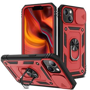 huismerk Schuifcamera Cover Design TPU + PC Beschermhoes met 360 graden Roterende houder & kaartsleuf voor iPhone 13 Mini (rood + zwart)