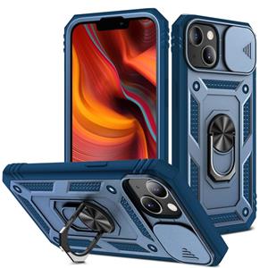 huismerk Sliding Camera Cover Design TPU + PC Beschermhoes met 360 graden roterende houder en kaartsleuf voor iPhone 13 mini (blauw + blauw)