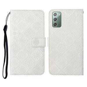 huismerk Voor Samsung Galaxy Note20 Ethnic Style Embossed Pattern Horizontal Flip Leather Case met Holder & Card Slots & Wallet & Lanyard(White)