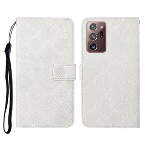 huismerk Voor Samsung Galaxy Note20 Ultra Ethnic Style Embossed Pattern Horizontale Flip Lederen Case met Holder & Card Slots & Wallet & Lanyard(Wit)