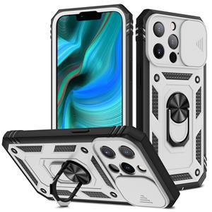 huismerk Schuifcamera Cover Design TPU + PC-beschermhoes met 360 graden Roterende houder & kaartsleuf voor iPhone 13 Pro (White + Black)