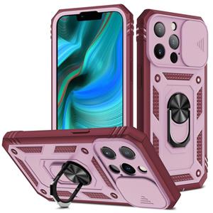 huismerk Schuifcamera Cover Design TPU + PC-beschermhoes met 360 graden roterende houder & kaartsleuf voor iPhone 13 pro (roze + donkerrood)