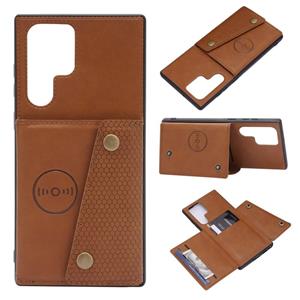 huismerk Voor Samsung Galaxy S22 Ultra 5G Dubbele Buckle PU + TPU Magnetische Telefoon Case (Brown)