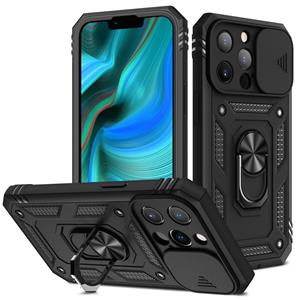 huismerk Schuifcamera Cover Design TPU + PC-beschermhoes met 360 graden Roterende houder & kaartsleuf voor iPhone 13 Pro (zwart + zwart)