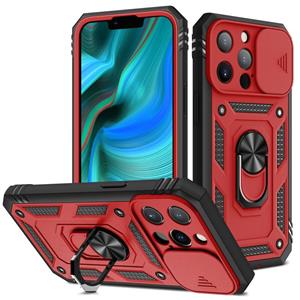 huismerk Schuifcamera Cover Design TPU + PC-beschermhoes met 360 graden Roterende houder & kaartsleuf voor iPhone 13 Pro (rood + zwart)