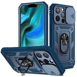 huismerk Schuifcamera Cover Design TPU + PC-beschermhoes met 360 graden roterende houder & kaartsleuf voor iPhone 13 Pro (blauw + blauw)