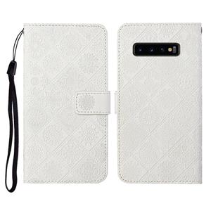 huismerk Voor Samsung Galaxy S10+ Ethnic Style Embossed Pattern Horizontal Flip Leather Case met Holder & Card Slots & Wallet & Lanyard(White)