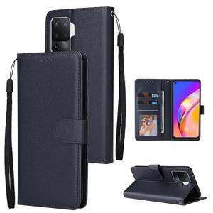 huismerk For OPPO A94 4G Multifunctional Horizontal Flip Leather Case with Three Card Slot & Holder & Double Zip Wallett & Photo Frame & Lanyard(Navy)