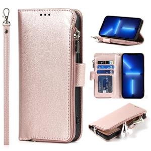 huismerk Microfiber Rits Horizontale Flip Leren Case met Houder & Card Slots & Portemonnee voor iPhone 13 Pro (Rose Gold)